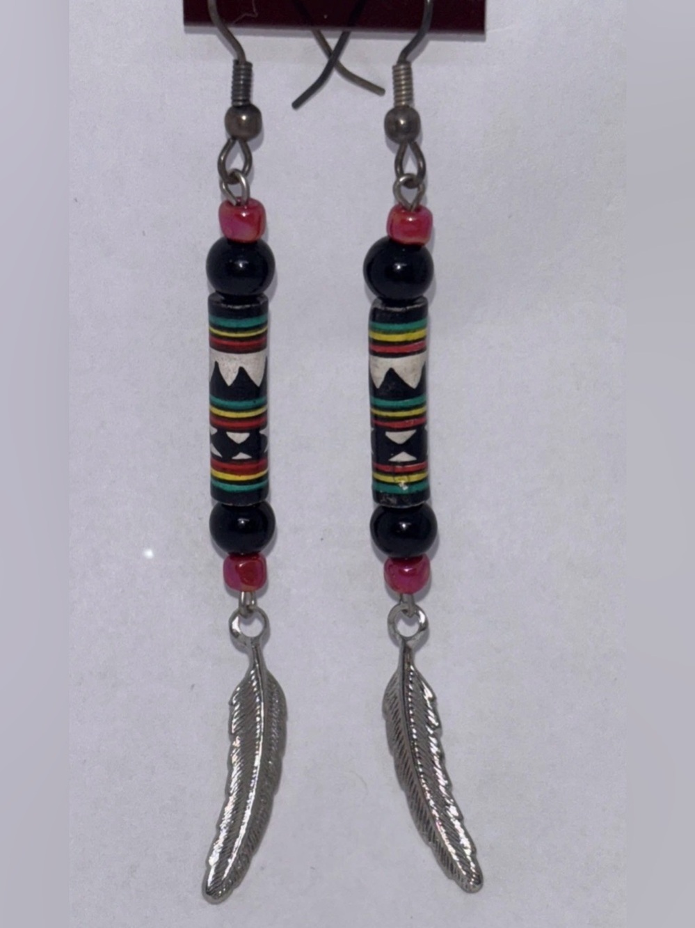 Native American Jewelry Silver Tone Feather Earrings Black Beads Vintage‎